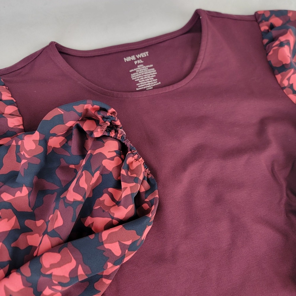 Nine West Burgundy Floral Puff Sleeve Knit Top Womens PXL Holiday Date Dinner